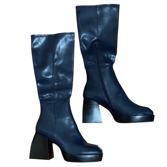 NWT Jeffrey Campbell Dauphin Knee-high Square-toe Heel Boots Size 10 Navy - Picture 14 of 14